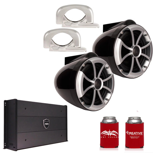 Wet Sounds ICON8B-FMINI 8" Midnight Tower Speakers with Stainless Steel MINI Fixed Clamps & SYN-DX2.3 1200 Watt Amplifier