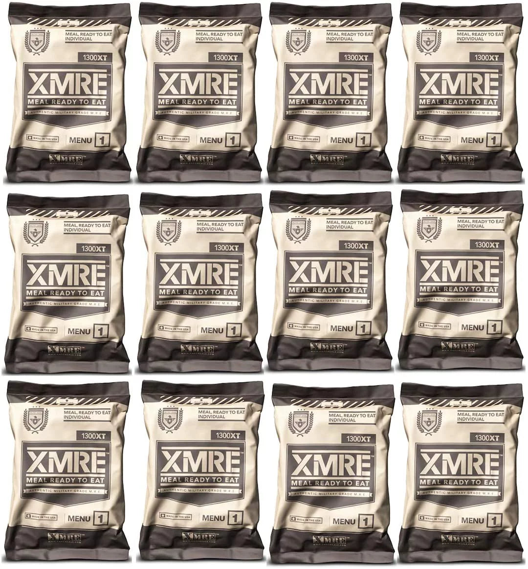 XMRE 1300XT Freshly Packed in the Past 60 Days MRE Meals Ready to Eat. 12 Meals per Case. Includes Individuals of Delicious Entrees, Side Dishes, Beverage Mix, Military Style 1300 Calories.