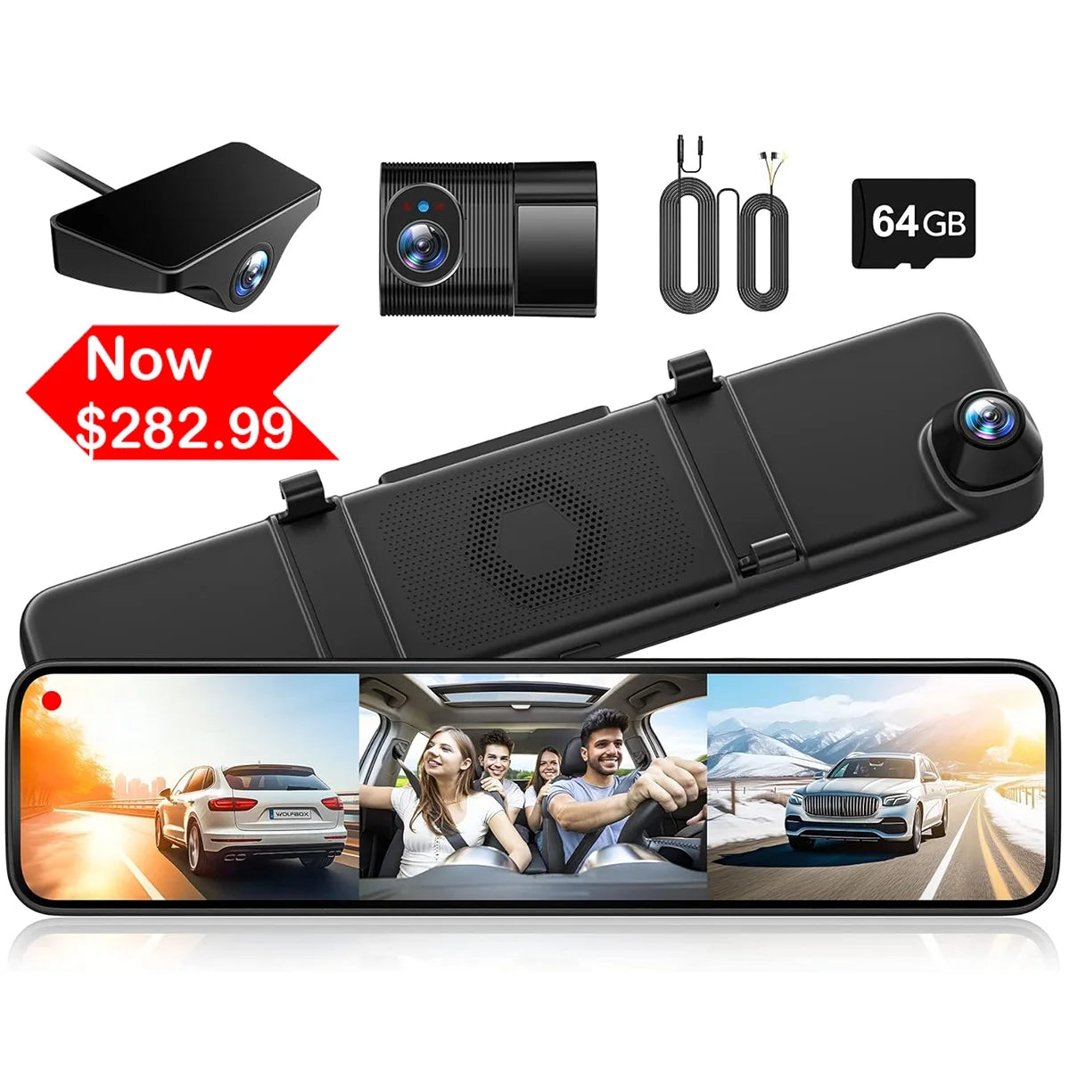 WOLFBOX Car Dash Cam 3 Channel, 2K Triple Car Mirror Camera with GPS&64GB Card, Touch Screen Backup Camera with Motion Detection, Night Vision, Loop Recording, Parking Monitor,Vehicle