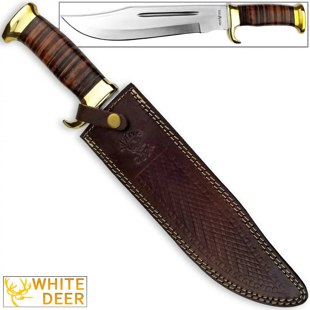 WHITE DEER MAGNUM Outback American Bowie Knife High Carbon Stainless Steel w Leather Handle