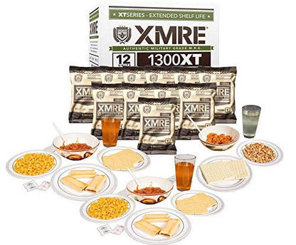 XMRE 1300XT Freshly Packed in the Past 60 Days MRE Meals Ready to Eat. 12 Meals per Case. Includes Individuals of Delicious Entrees, Side Dishes, Beverage Mix, Military Style 1300 Calories.