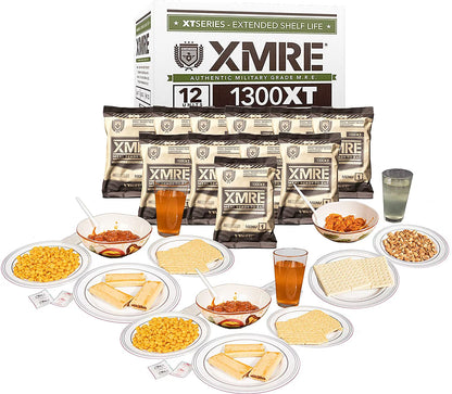 XMRE 1300XT Freshly Packed in the Past 60 Days MRE Meals Ready to Eat. 12 Meals per Case. Includes Individuals of Delicious Entrees, Side Dishes, Beverage Mix, Military Style 1300 Calories.