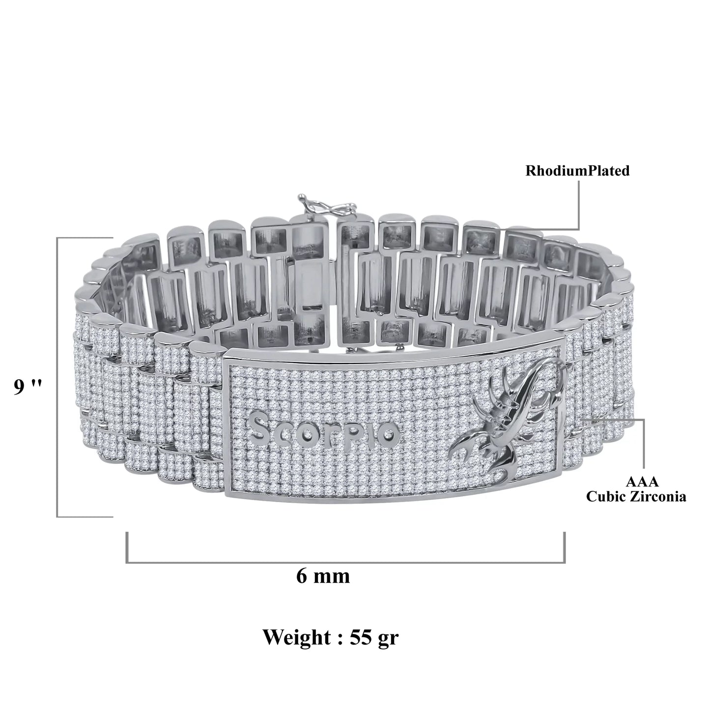 Zodiac Sign Scorpio 14K White Gold Finish Simulated Diamonds Gentlemen Link Bracelet 8.5''