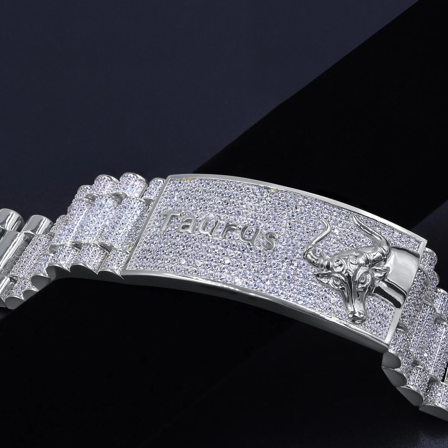 Zodiac Sign Taurus Bull 14K White Gold Finish Simulated Diamond Gentlemen Bracelet 8.5''