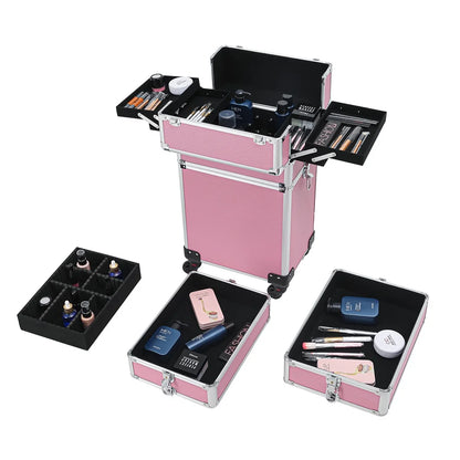 Zeng Rolling Makeup Case with Drawers Train Case Makeup Trolley Case,Pink