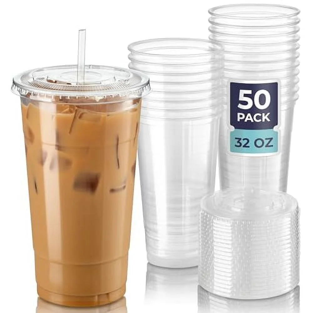 [50 Pack] 32 oz Clear Plastic Cups with Flat Lids, Disposable Iced Coffee Cups, BPA Free Premium Crystal Smoothie Cup for Party, Lemonade Stand, Cold Drinks, Juice, Milkshake, Bubble Boba, Tea