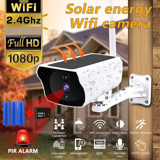 1080P Solar Powered Security Camera, Wireless Security Camera, WiFi IP Home Outdoor Security IP Camera Night Vision HD with 32GB Momery Card and 3 Pcs 18650 Batteries