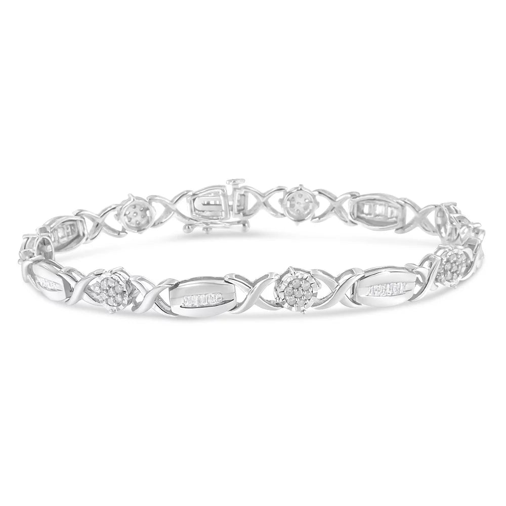 .925 Sterling Silver 1.0 Cttw Round-Cut and Baguette-Cut Diamond X-Link Bracelet (I-J Color, I1-I2 Clarity) - 7"