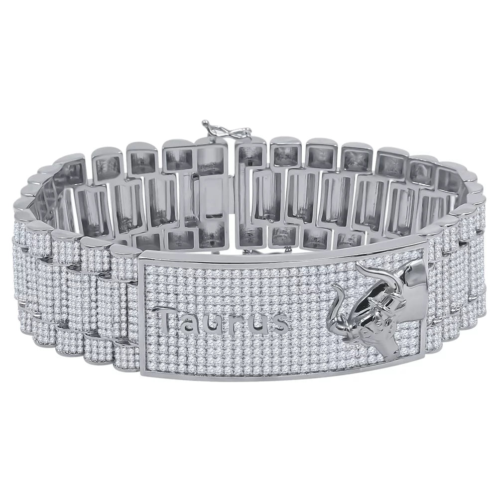 Zodiac Sign Taurus Bull 14K White Gold Finish Simulated Diamond Gentlemen Bracelet 8.5''