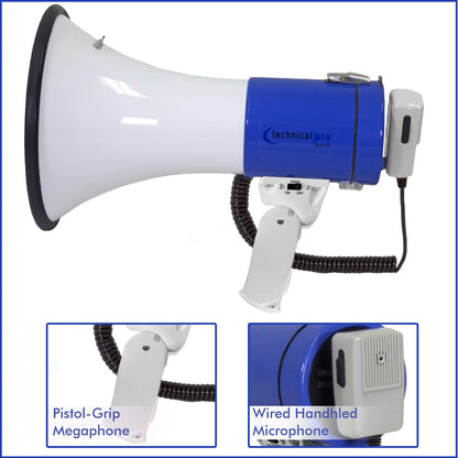 (Qty 4) Technical Pro 40 Watts Megaphone Bullhorn Speaker with Built-in Siren, Adjustable Volume Control and 1200 Yard Range