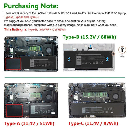 ✅68Wh 3HWPP Battery for Dell Latitude 5510 5410 5501 5401 5511 5411 Precision 3541 3551 Inspiron 7706 2-in-1 Inspiron 17 7500 7506 2-in-1 Ebony 1VY7F 03HWPP 10X1J N2NLL 451-BCMN 15.2V