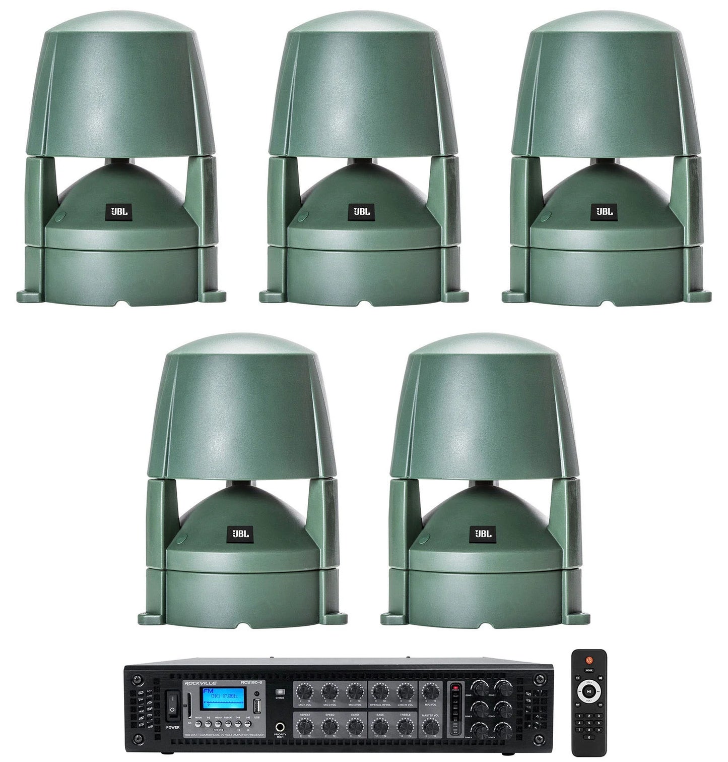 (5) JBL CONTROL 85M 5.25" Commercial 70v Outdoor Landscape Speakers+Amplifier