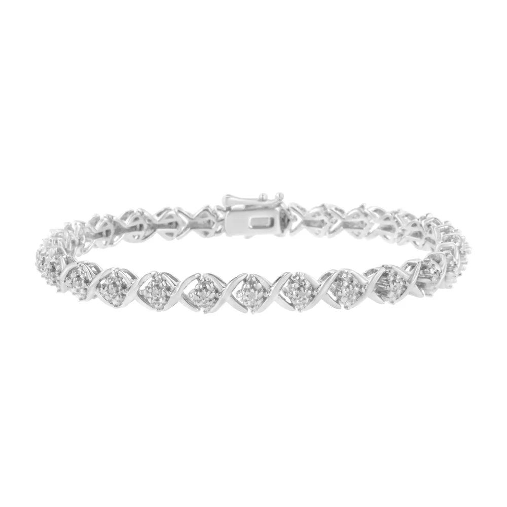 .925 Sterling Silver Round-Cut Diamond Accent Floral Cluster and "X" Link Bracelet (I-J Color, I3 Clarity) - 7.25"