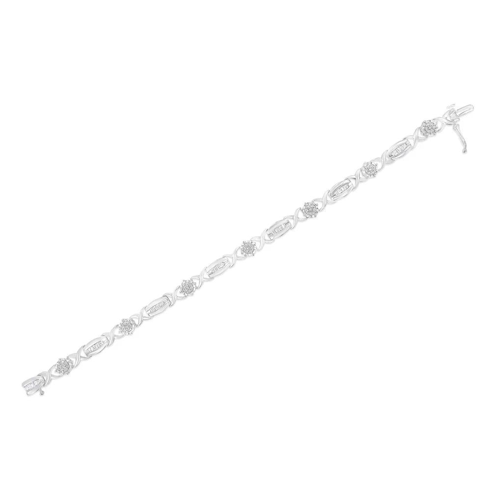 .925 Sterling Silver 1.0 Cttw Round-Cut and Baguette-Cut Diamond X-Link Bracelet (I-J Color, I1-I2 Clarity) - 7"