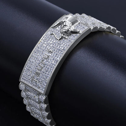 Zodiac Sign Taurus Bull 14K White Gold Finish Simulated Diamond Gentlemen Bracelet 8.5''