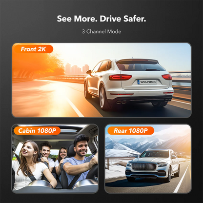 WOLFBOX Car Dash Cam 3 Channel, 2K Triple Car Mirror Camera with GPS&64GB Card, Touch Screen Backup Camera with Motion Detection, Night Vision, Loop Recording, Parking Monitor,Vehicle