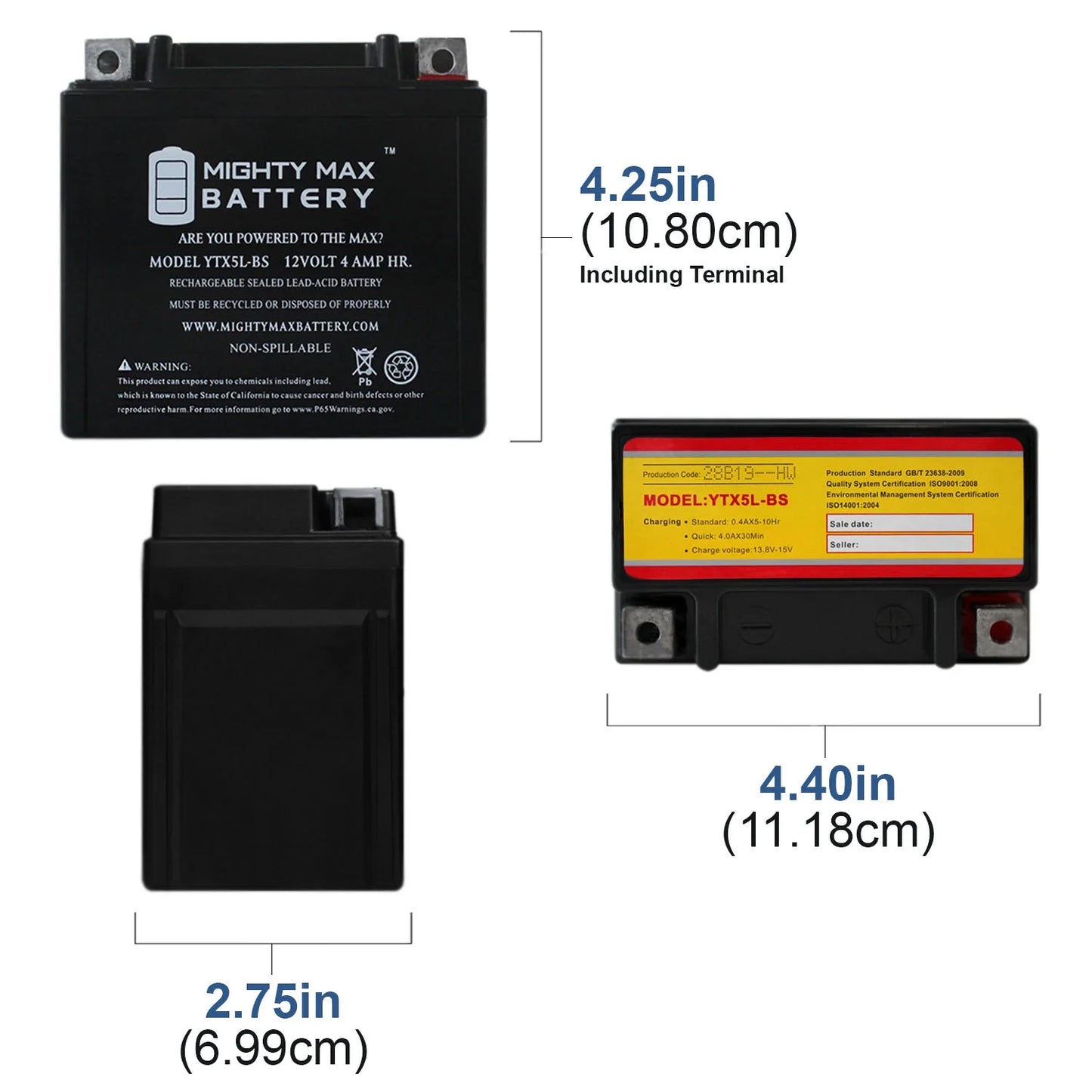 YTX5L-BS 12V 4AH Battery Replaces Yamaha 230 TTR230E 2005 - 3 Pack